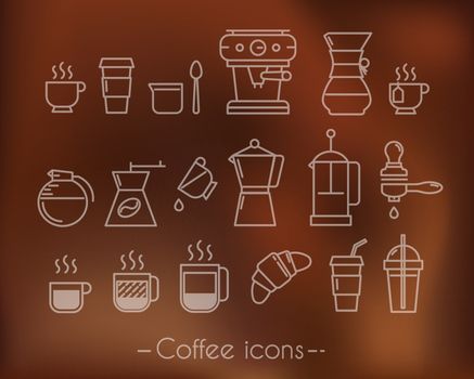 Coffee icons execution lines in minimalistic style symbol coffee cup, coffee, french press, plastic cups on brown background