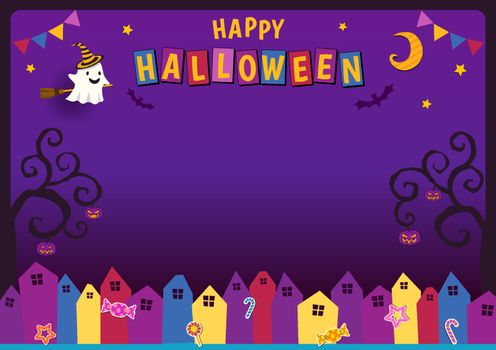 Halloween illustration card with ghost witch on night party background.