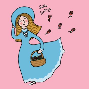 Lady in blue vintage dress dancing with rose basket hello spring cartoon vector illustration doodle style