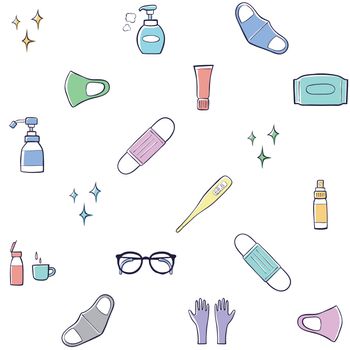 Seamless pattern llustration of Medical mask, sanitizer bottles, sanitizer spray,washing gel, soap, gloves, glasses, Mouthwash, Thermometer. vector Illustration.