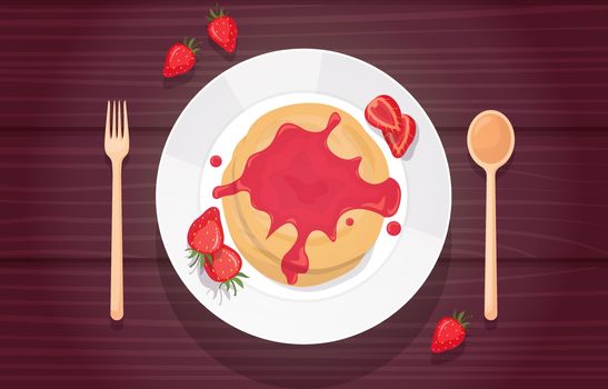 Pancake Strawberry Jam Syrup Food Photography Tasty Menu on Table