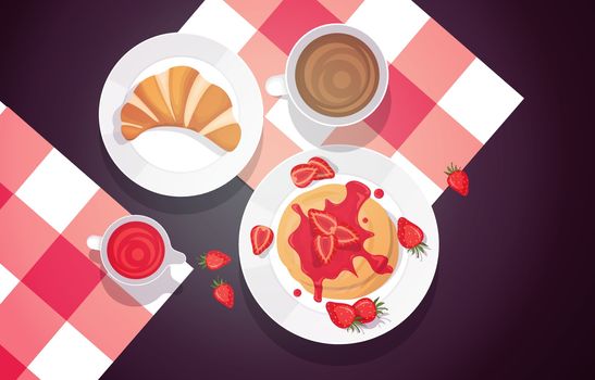 Bread Pancake Strawberry Food Photography Tasty Menu on Table Illustration