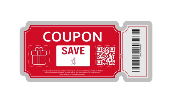 Coupon with real barcode and QR code for 5 percent off sale for stores, trade and business. Simple design