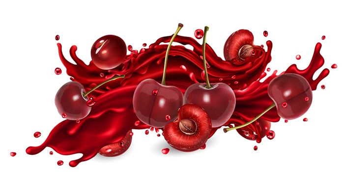 Whole and sliced cherries and a splash of red fruit juice on a white background. Realistic vector illustration.