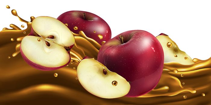 Fresh red apples on a wave of fruit juice. Realistic vector illustration.