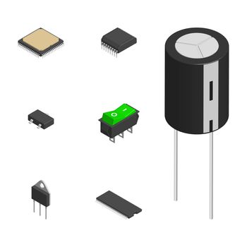 Set of different active and passive electronic components isolated on white background. Resistor, capacitor, diode, microcircuit, fuse and button. 3D isometric style, vector illustration.