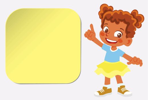 African American Smiling girl points finger. Children infographics with sticker
