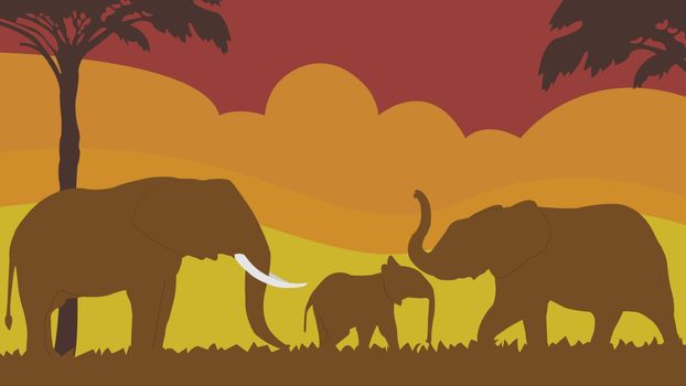 Full frame silhouette family of an elephant in the grassland on the multicolor background.
