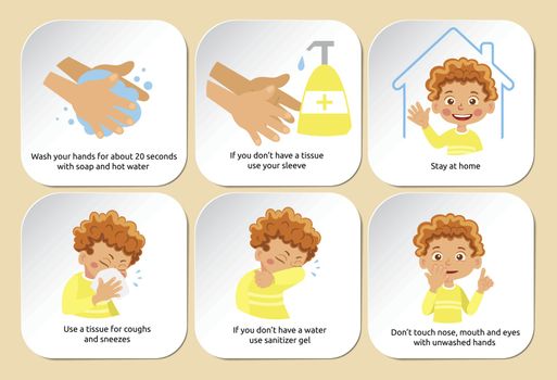 Concept of coronavirus quarantine stickers vector illustration. Infographic with icons, text