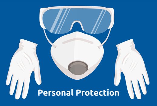 Personal Protection kit. Personal virus protective medical equipment including respiratory mask, glasses, gloves. Icon set vector illustration