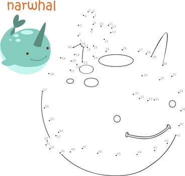 Coloring book and dot to dot game for children. Numbers game. narwhal vector illustration