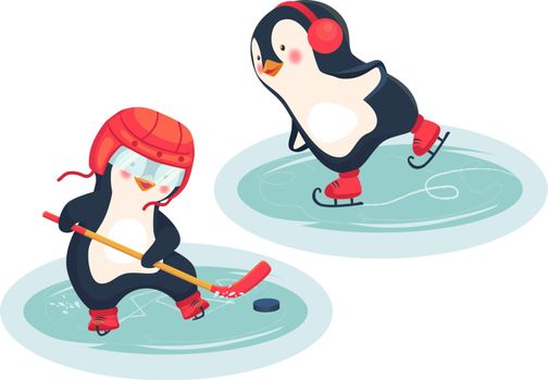 Penguin hockey player and penguin skater. Childrens sports concept. Active penguins. Vector illustration.