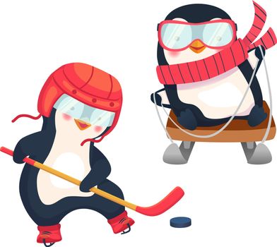Penguin hockey player and penguin on sled. Childrens sports concept. Active penguins. Vector illustration.