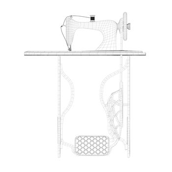 Wireframe of a decorative vintage sewing machine made of black lines on a white background. Manual sewing machine with rotation mechanism. Side view. 3D. Vector illustration.