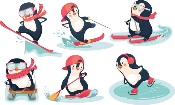 Activity in winter and summer. Penguin vector illustration set