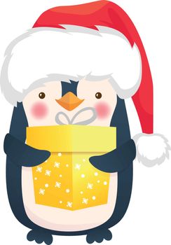 Cute penguin with gift. Penguin cartoon vector illustration.