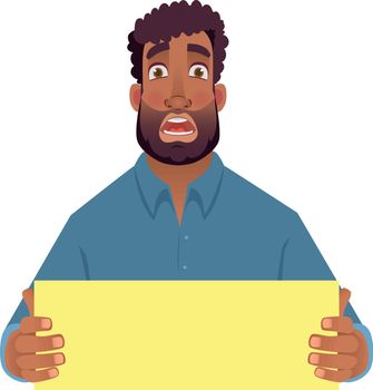 African man holding blank card. Afro american man with board. Vector illustration