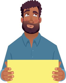 African man holding blank card. Afro american man with sign. Vector illustration