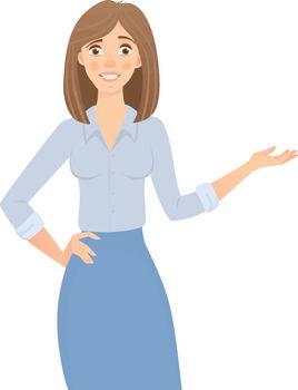 Business woman isolated. Business pose and gesture. Young businesswoman vector illustration. Point hand
