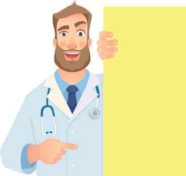 Doctor holding blank signboard. Laughing doctor vector illustration. Set