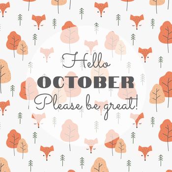 Text lettering with foxes and trees background, autumn colors vector