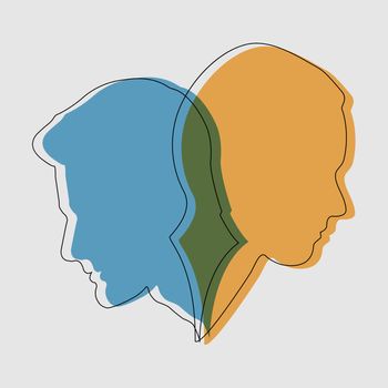 concept of split personality. two contours and silhouettes of a male and female face. Stock illustration