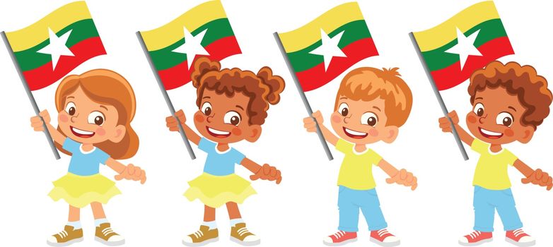Burma flag in hand. Children holding flag. National flag of Burma vector