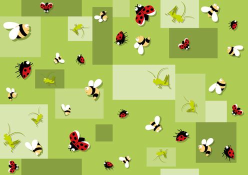 Seamless Baby Pattern with Bees and Beetles on Green Background - Repetitive Print Texture, Vector Illustration
