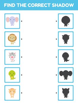 Game template find correct shadow. Matching game for children with african cartoon animals. Kids activity page for book. Education developing worksheet. Logical thinking training. Vector illustration.