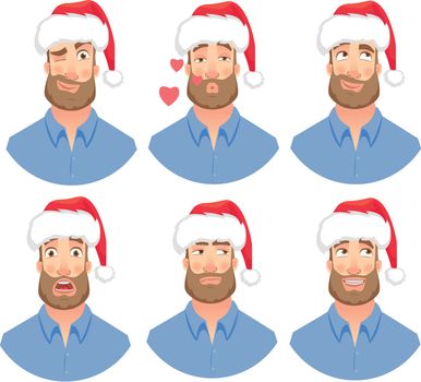 Businessman in Santa Claus hat. Man emotions set. Face of man with beard vector illustration