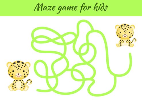 Funny maze or labyrinth game for kids. Help mother find path to baby. Education developing worksheet. Activity page. Cartoon jaguar characters. Riddle for preschool. Color vector stock illustration.