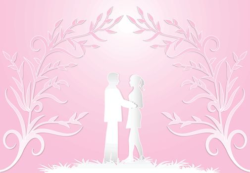 Love Couple on pink background paper art style illustration.