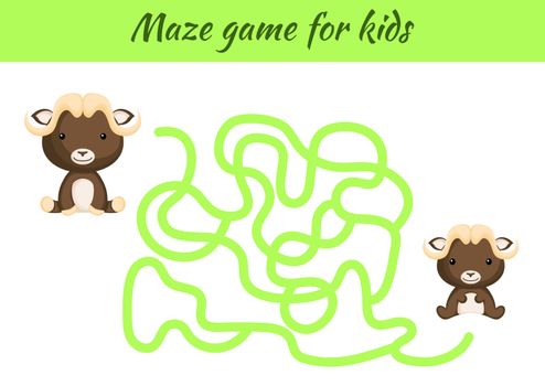 Funny maze or labyrinth game for kids. Help mother find path to baby. Education developing worksheet. Activity page. Cartoon musk ox characters. Riddle for preschool. Color vector stock illustration.