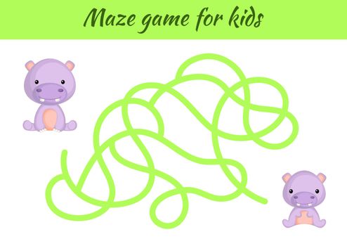 Funny maze or labyrinth game for kids. Help mother find path to baby. Education developing worksheet. Activity page. Cartoon hippo characters. Riddle for preschool. Color vector stock illustration.