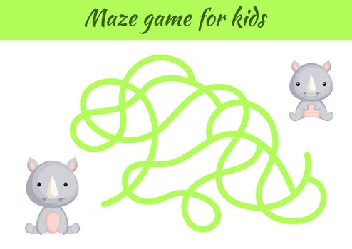 Funny maze or labyrinth game for kids. Help mother find path to baby. Education developing worksheet. Activity page. Cartoon rhino characters. Riddle for preschool. Color vector stock illustration.