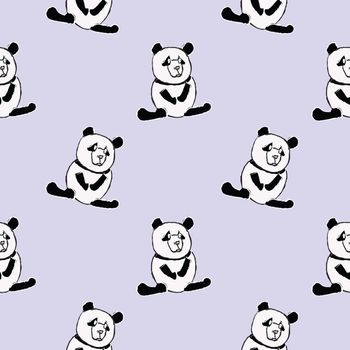 Hand drawn style of pandas on cream purple color background, Animal seamless pattern background.
