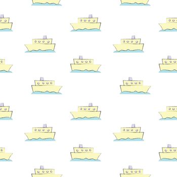 Ships drawing with ink on white background, vector seamless pattern background