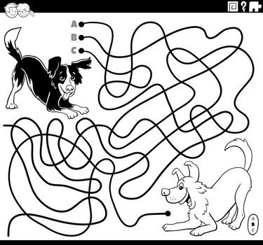 Black and White Cartoon Illustration of Lines Maze Puzzle Game with Playful Dogs or Puppies Characters Coloring Book Page