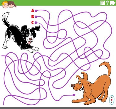 Cartoon Illustration of Lines Maze Puzzle Game with Playful Dogs or Puppies Characters