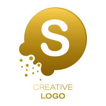 Creative logo. The letter S on a round dot with splashes. Vector illustration for logo, sticker, brand, sticker isolated on white background.