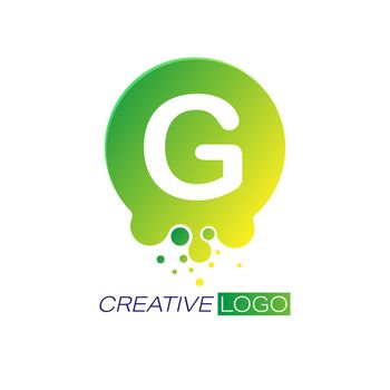 Creative logo. The letter G on a round dot with splashes. Vector illustration for logo, sticker, brand, sticker isolated on white background.