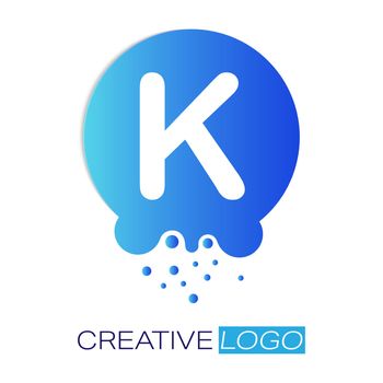 Creative logo. The letter K on a round dot with splashes. Vector illustration for logo, sticker, brand, sticker isolated on white background.