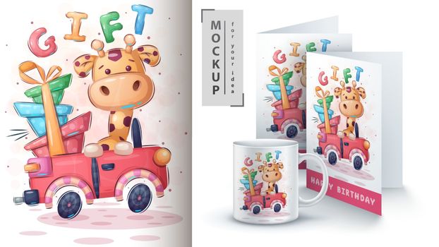 Giraffe car - poster and merchandising. Vector eps 10