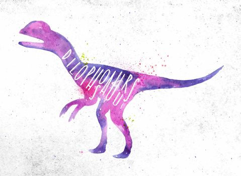 Dinosaur poster lettering dilophosaur drawing with color, vivid paint on dirty paper background.