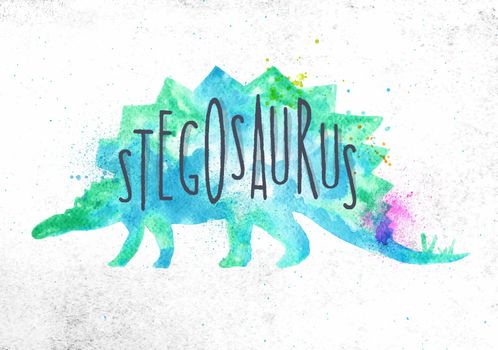 Dinosaur poster lettering stegosaurus drawing with color, vivid paint on dirty paper background.