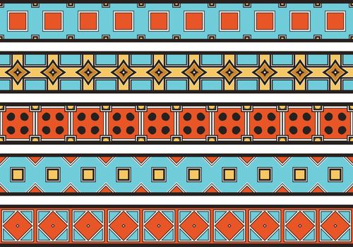 Set of five illustrated decorative borders made of abstract elements in light blue, red, yellow, white and black