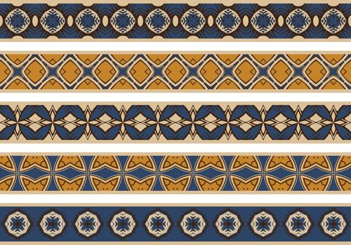 Set of five illustrated decorative borders made of abstract elements in beige, blue, yellow and black