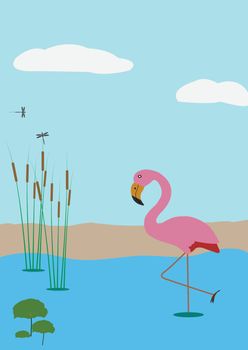Summertime vacations. Wildlife greeting card illustration isolated on blue background. Postcard flamingos and pond.