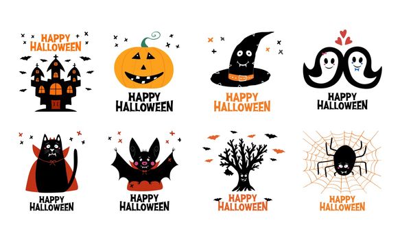 Halloween greeting cards set. Castle, jack o lantern, witch hat, ghost, cat, bat, dry tree, spider. Isolated on white Vector stock illustration