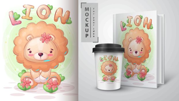Pretty lion poster and merchandising. Vector eps 10
